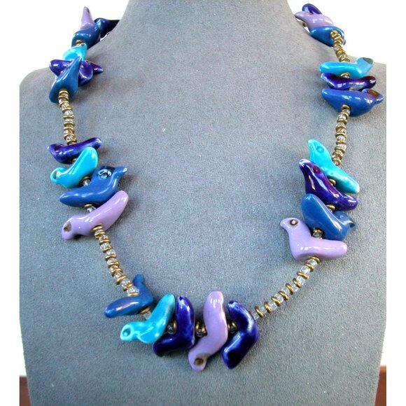 Vintage Ceramic Bird Fetish Necklace With Mixed Bead Accents 28" - Picture 1 of 3